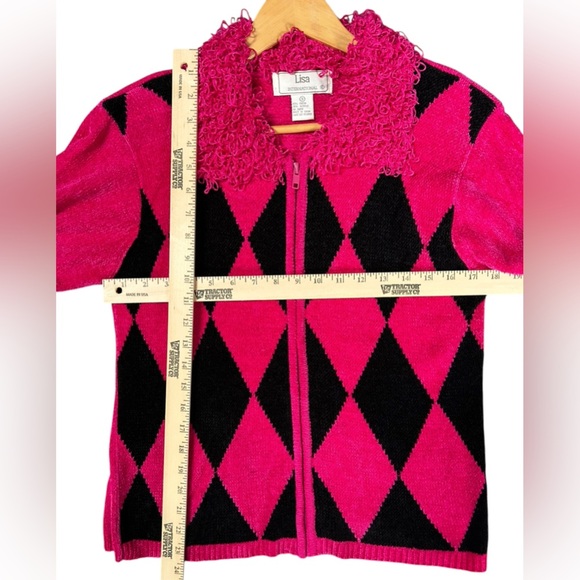 Lisa International Zip Sweater Womens Pink Black Diamond Chenille Frilly 90s Y2K - Picture 4 of 7